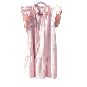 Pink Ruffle Neck and Sleeves Pullon Dress Ties Pockets Size‎ Large NWOT